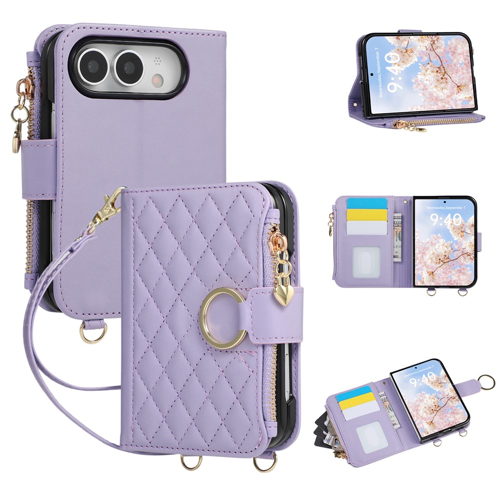 For iPhone Duo Case Magnetic Ring Buckle Zipper Pocket Rhombic Leather Phone Cover with Wrist Strap - Purple
