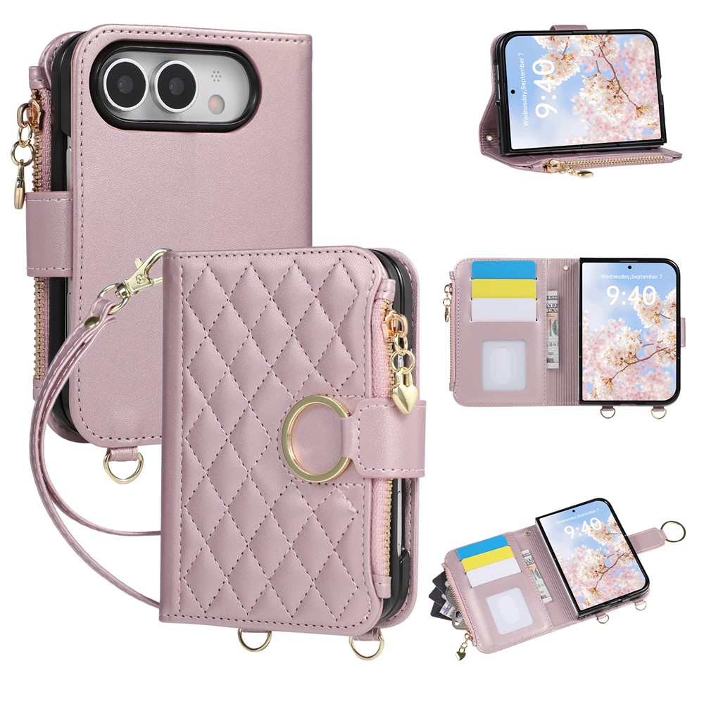 For iPhone Duo Case Magnetic Ring Buckle Zipper Pocket Rhombic Leather Phone Cover with Wrist Strap - Pink