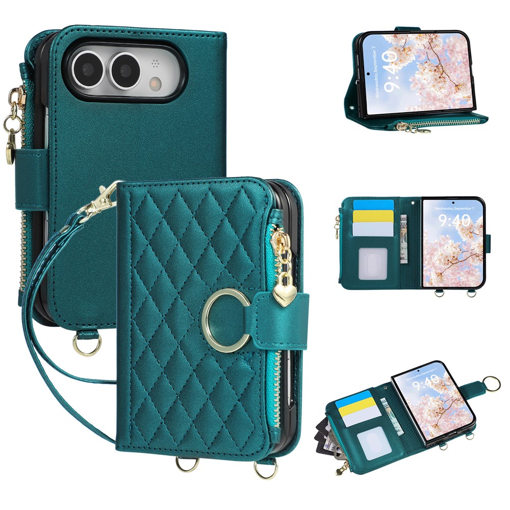 For iPhone Duo Case Magnetic Ring Buckle Zipper Pocket Rhombic Leather Phone Cover with Wrist Strap - Green