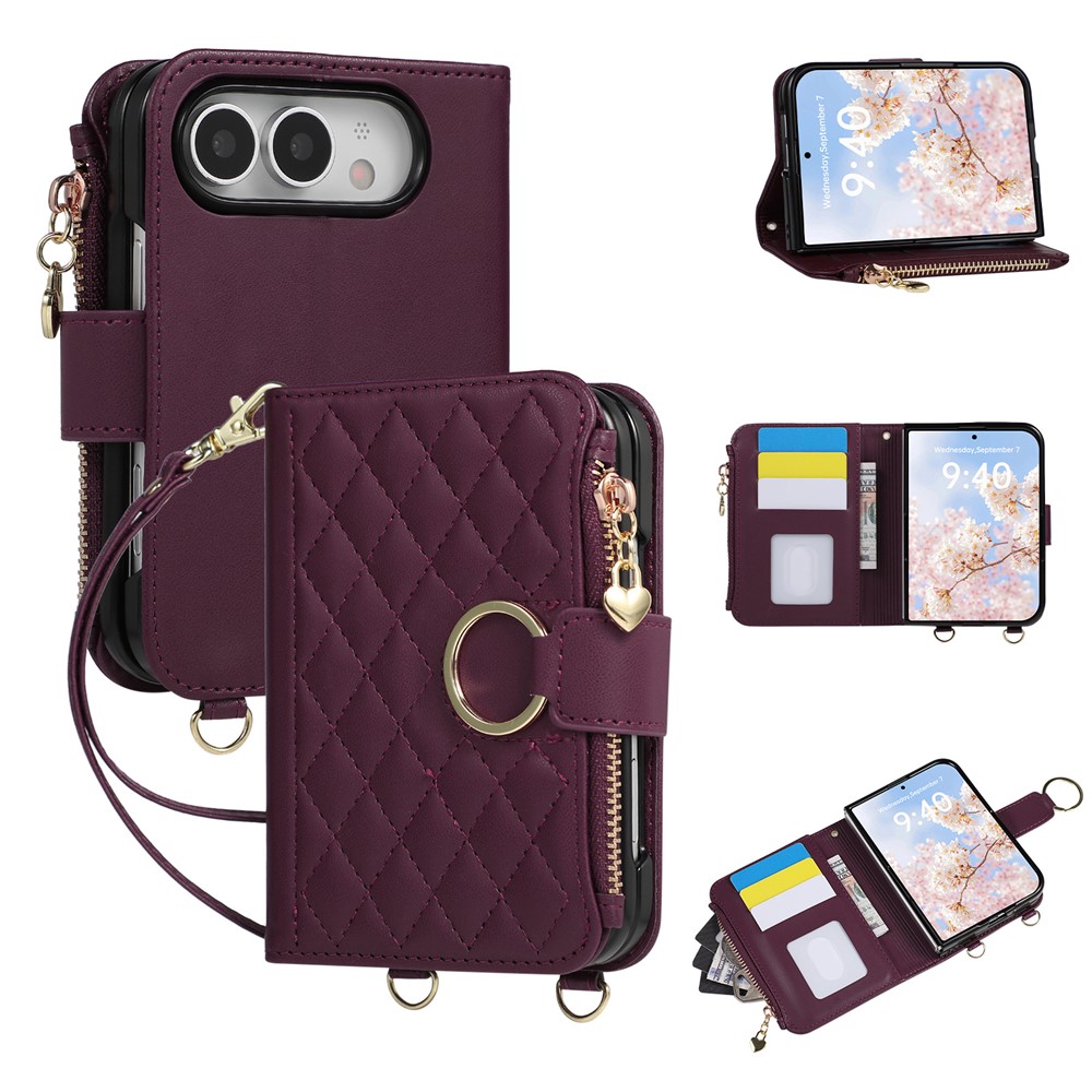 For iPhone Duo Case Magnetic Ring Buckle Zipper Pocket Rhombic Leather Phone Cover with Wrist Strap - Wine Red