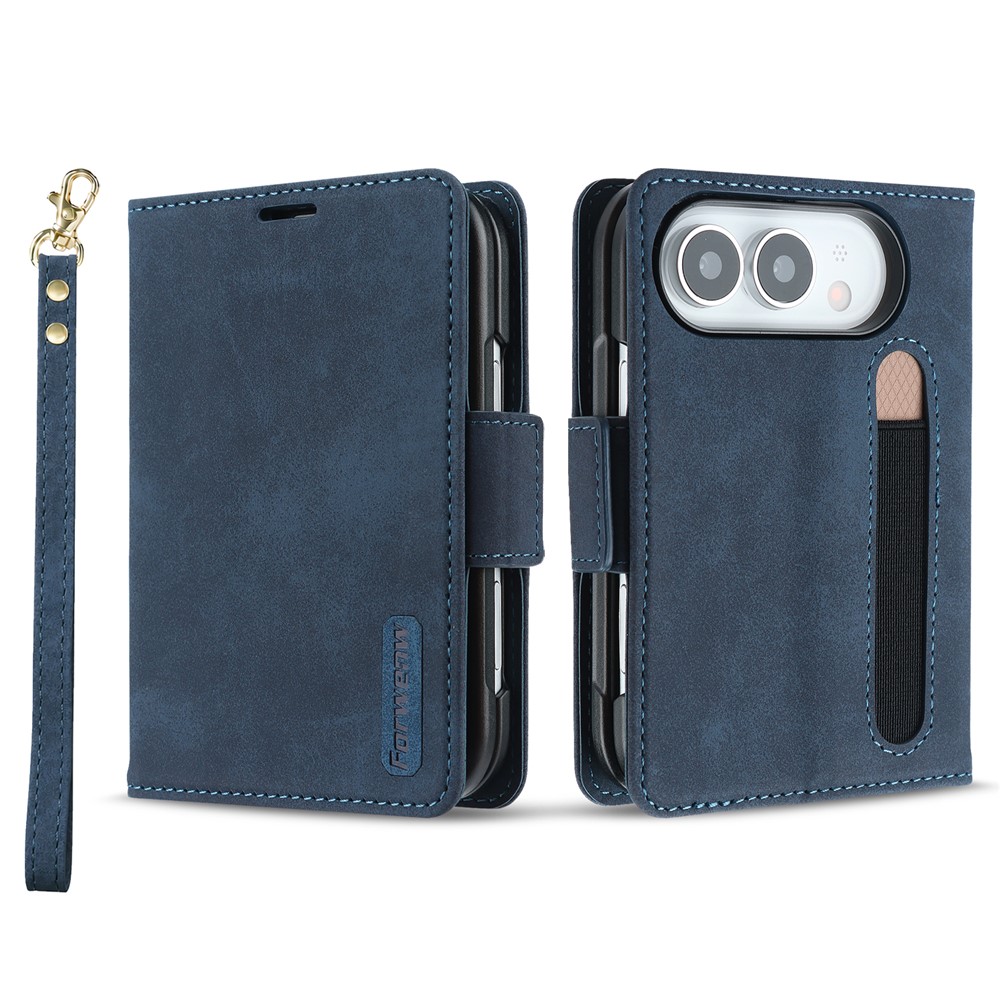 FORWENW F11 for iPhone Duo Case PU Leather Card Slots Stand Phone Cover with Wrist Strap - Blue