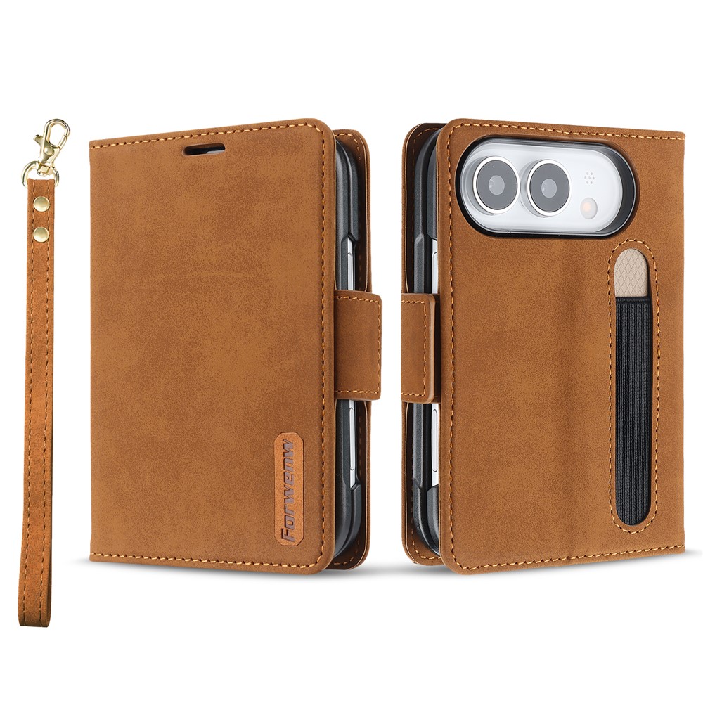 FORWENW F11 for iPhone Duo Case PU Leather Card Slots Stand Phone Cover with Wrist Strap - Brown