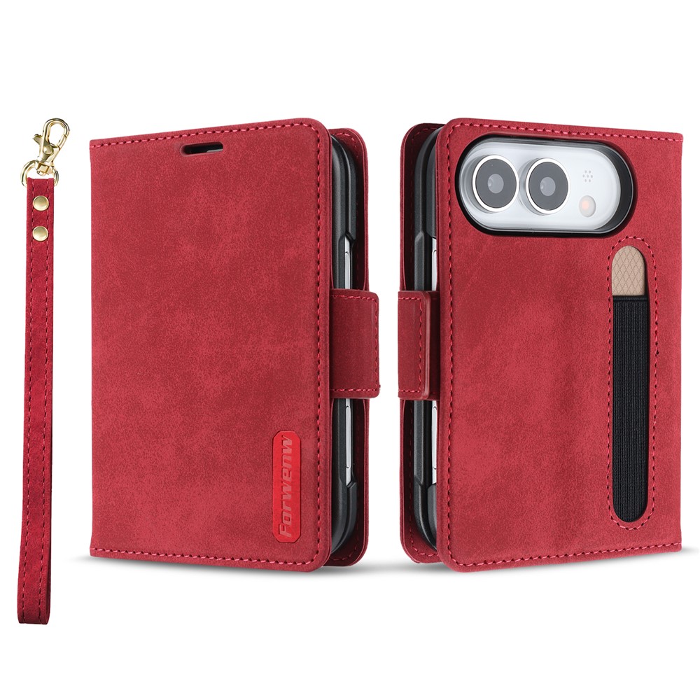 FORWENW F11 for iPhone Duo Case PU Leather Card Slots Stand Phone Cover with Wrist Strap - Red