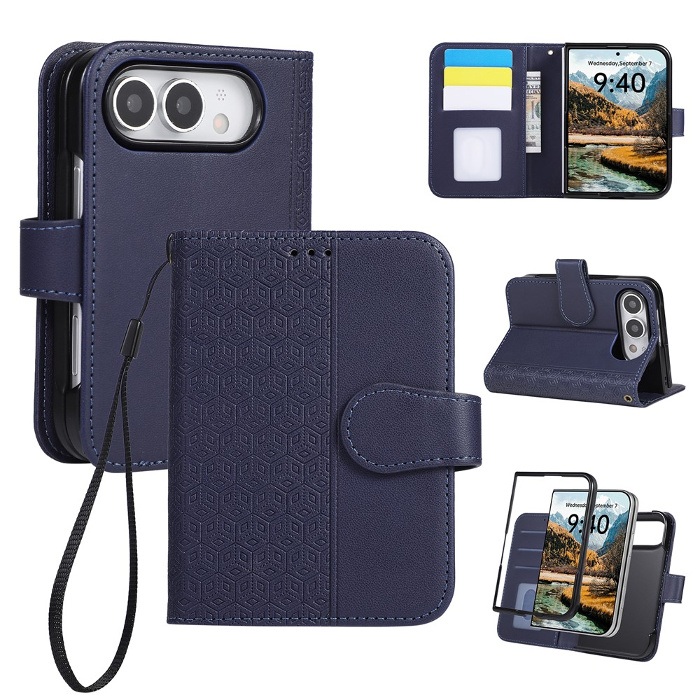 For iPhone Duo Case Imprinted Rhombus Leather Wallet Phone Cover with Wrist Strap - Blue