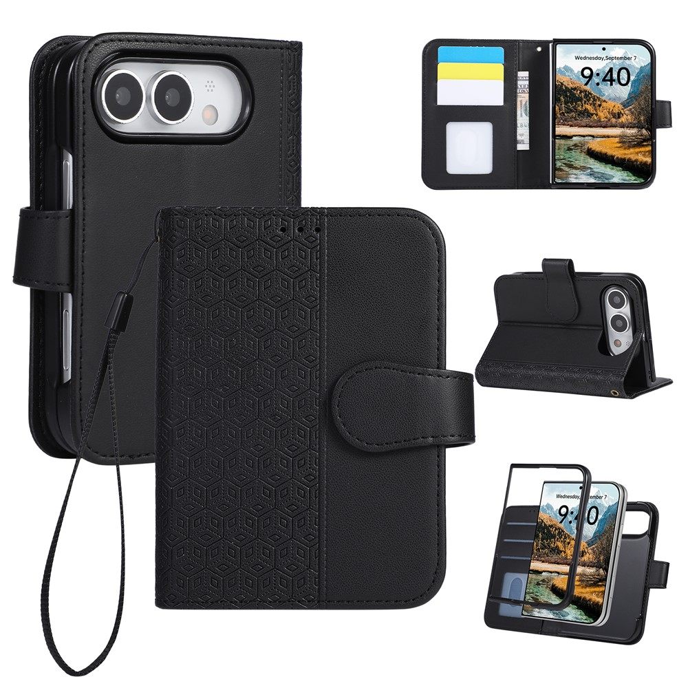 For iPhone Duo Case Imprinted Rhombus Leather Wallet Phone Cover with Wrist Strap - Black