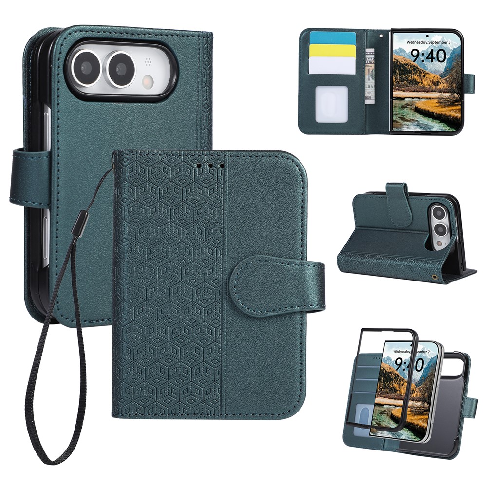 For iPhone Duo Case Imprinted Rhombus Leather Wallet Phone Cover with Wrist Strap - Green