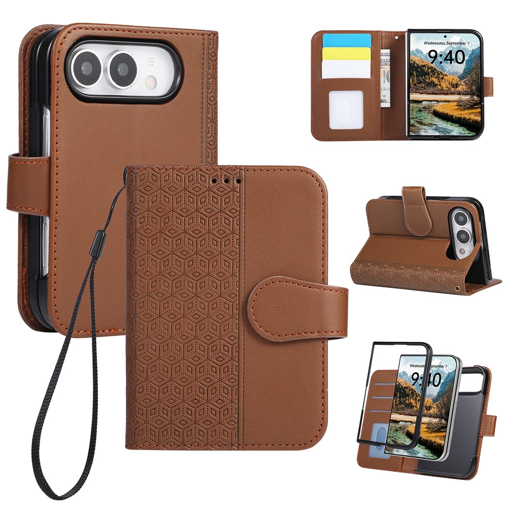 For iPhone Duo Case Imprinted Rhombus Leather Wallet Phone Cover with Wrist Strap - Brown