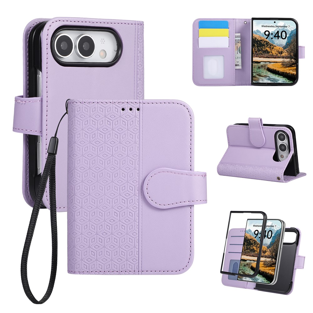 For iPhone Duo Case Imprinted Rhombus Leather Wallet Phone Cover with Wrist Strap - Purple