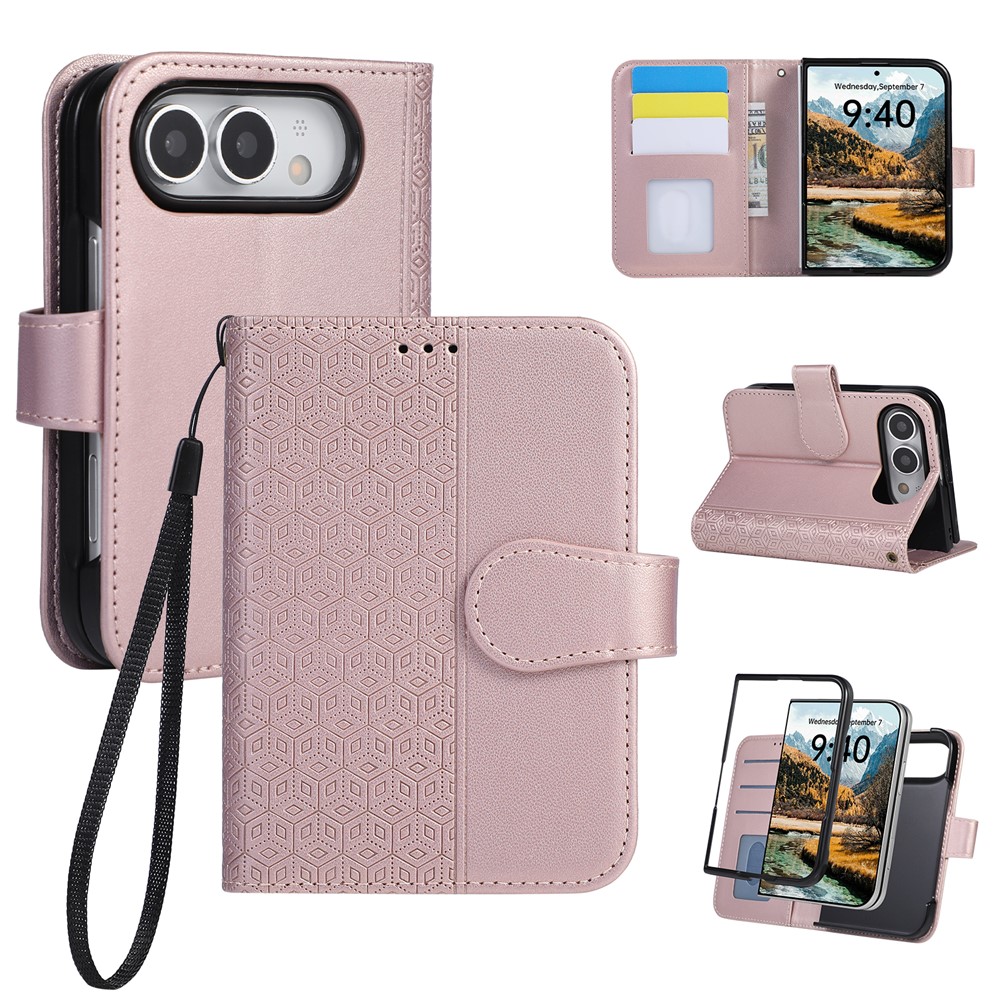 For iPhone Duo Case Imprinted Rhombus Leather Wallet Phone Cover with Wrist Strap - Rose Gold