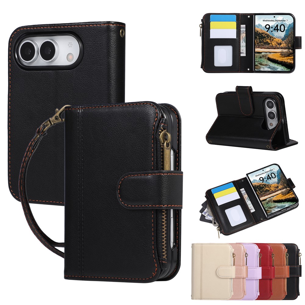 For iPhone Duo Case Multi Card Slots Zipper Leather Phone Cover with Wrist Strap - Black