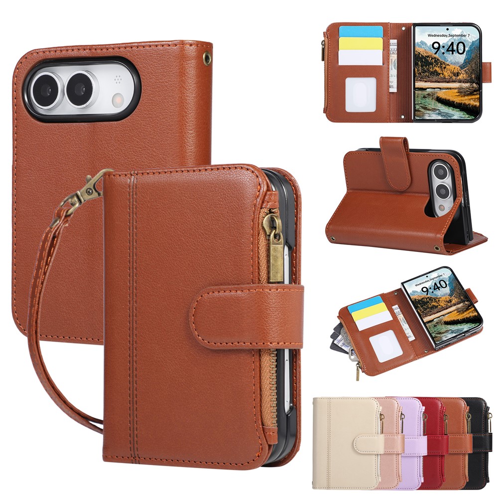 For iPhone Duo Case Multi Card Slots Zipper Leather Phone Cover with Wrist Strap - Brown