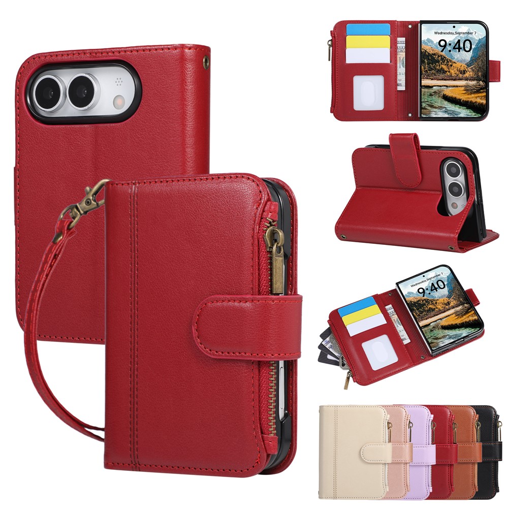 For iPhone Duo Case Multi Card Slots Zipper Leather Phone Cover with Wrist Strap - Red