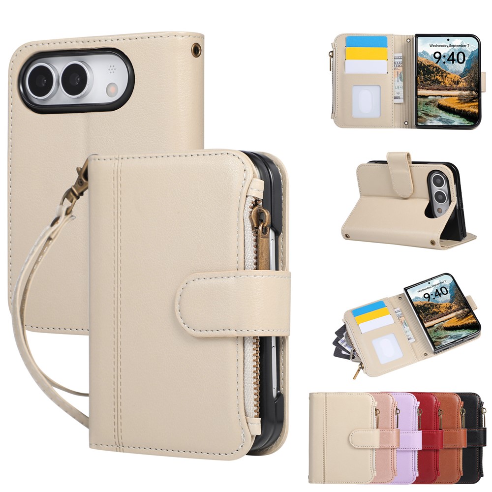 For iPhone Duo Case Multi Card Slots Zipper Leather Phone Cover with Wrist Strap - Beige