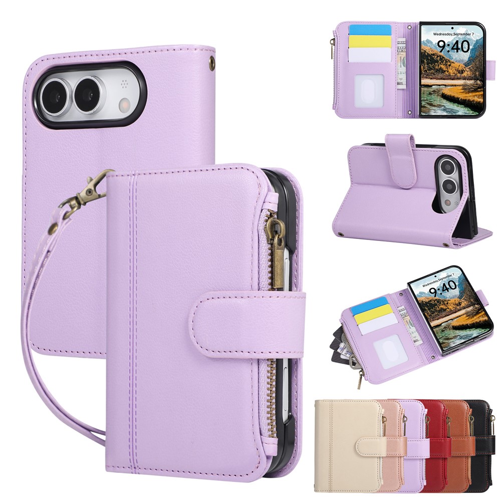 For iPhone Duo Case Multi Card Slots Zipper Leather Phone Cover with Wrist Strap - Purple
