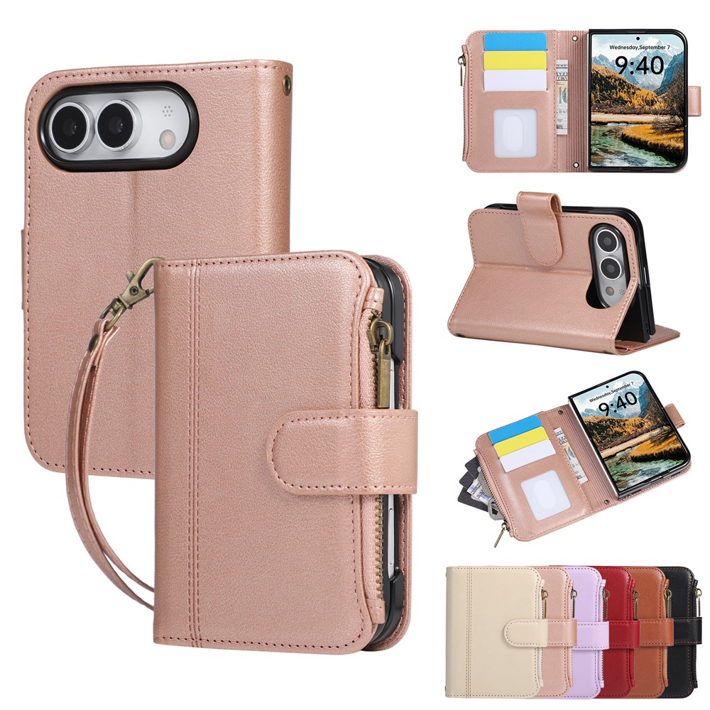 For iPhone Duo Case Multi Card Slots Zipper Leather Phone Cover with Wrist Strap - Rose Gold