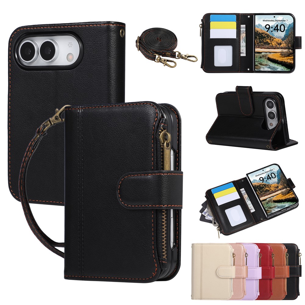 For iPhone Duo Case Card Slots PU Leather Phone Cover with Shoulder Strap / Wrist Strap - Black