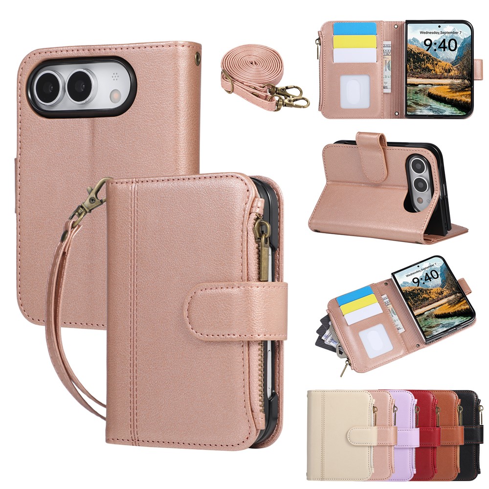 For iPhone Duo Case Card Slots PU Leather Phone Cover with Shoulder Strap / Wrist Strap - Rose Gold