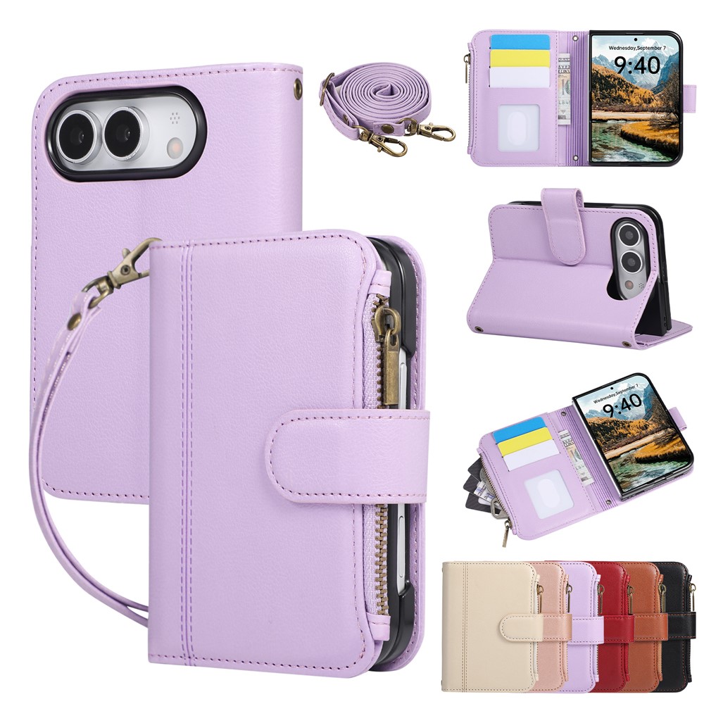 For iPhone Duo Case Card Slots PU Leather Phone Cover with Shoulder Strap / Wrist Strap - Purple