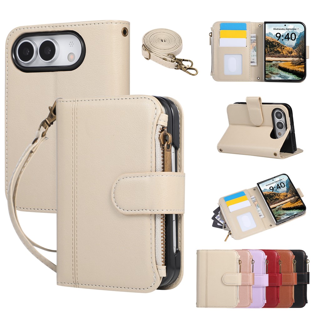 For iPhone Duo Case Card Slots PU Leather Phone Cover with Shoulder Strap / Wrist Strap - Beige