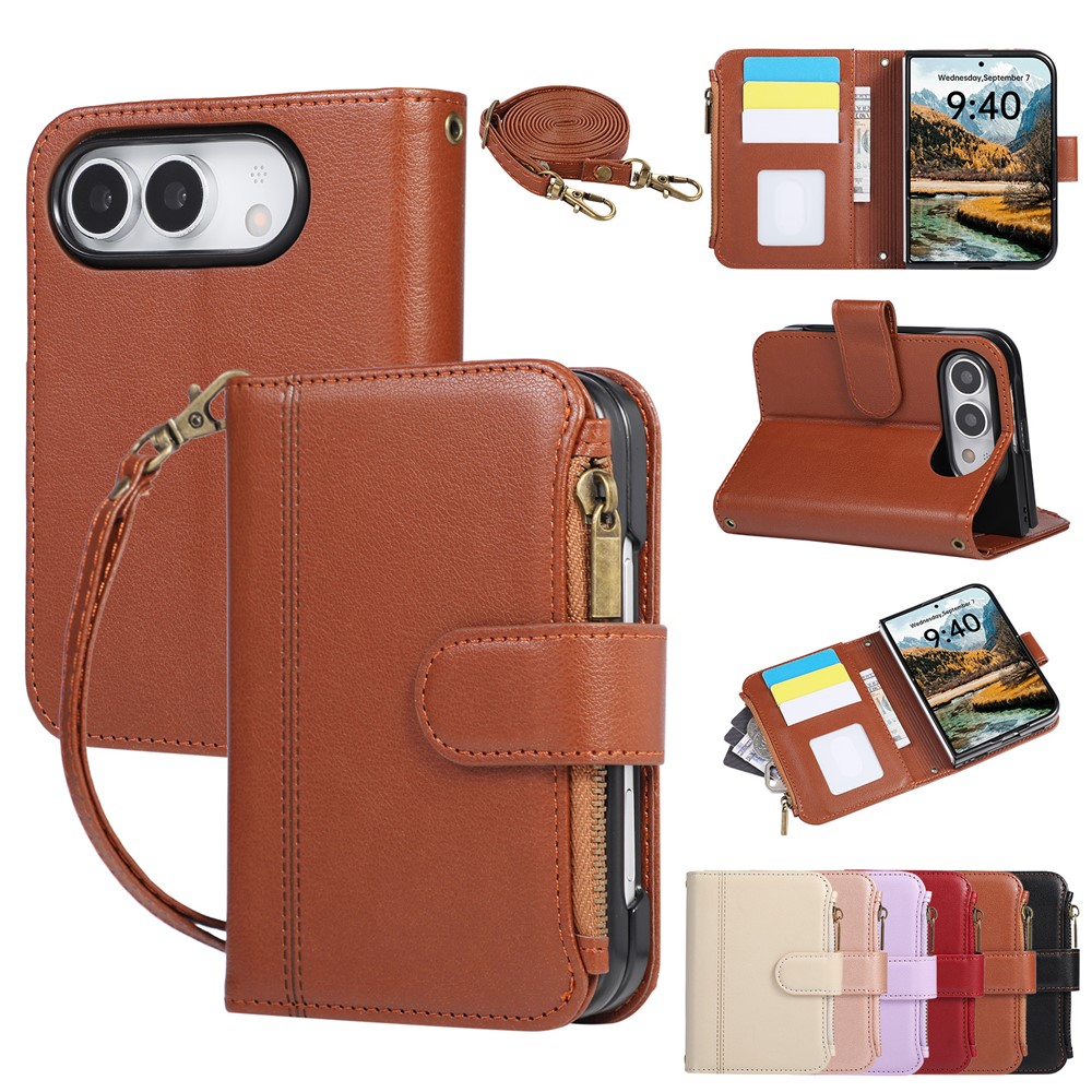 For iPhone Duo Case Card Slots PU Leather Phone Cover with Shoulder Strap / Wrist Strap - Brown