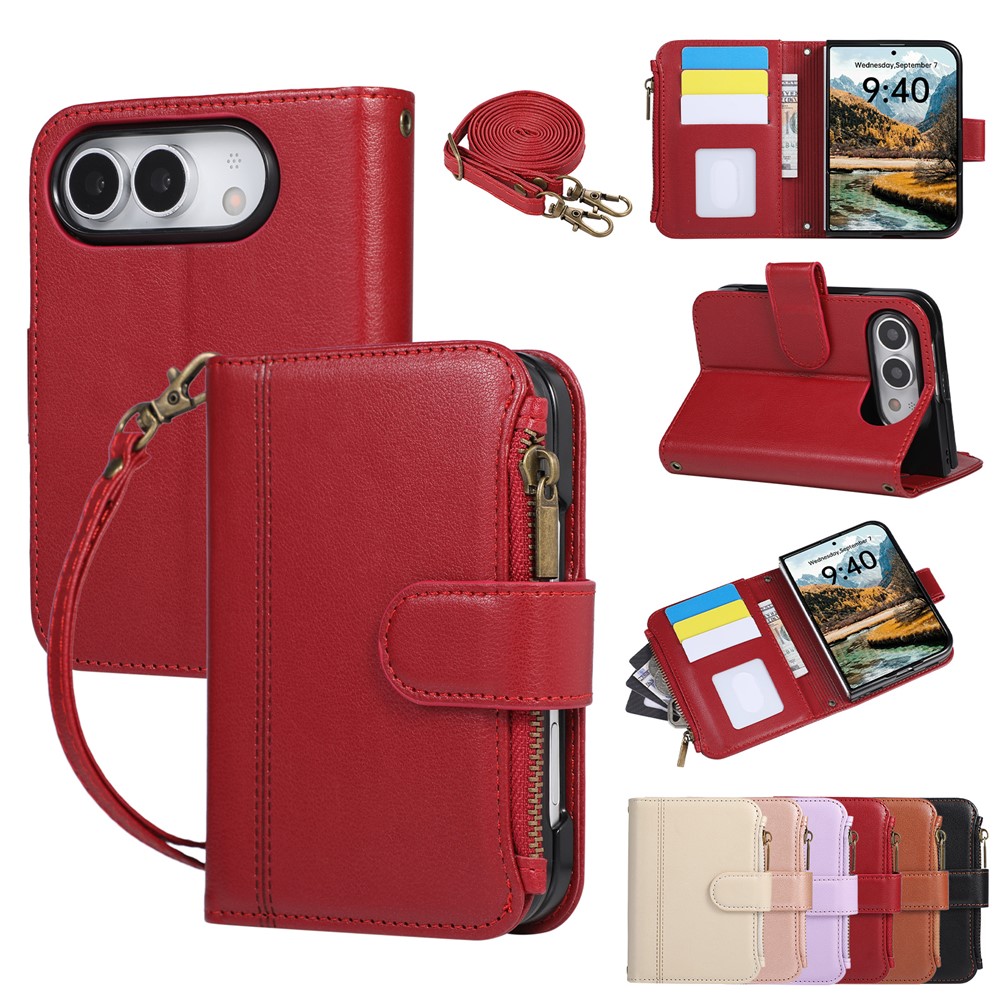 For iPhone Duo Case Card Slots PU Leather Phone Cover with Shoulder Strap / Wrist Strap - Red
