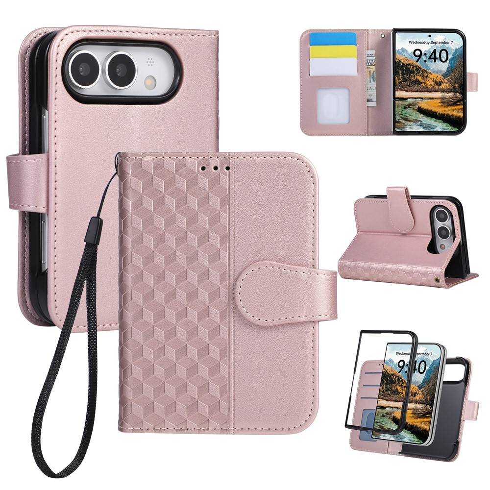 For iPhone Duo Case 3D Rhombus Grid Imprinted Wallet Leather Phone Cover with Wrist Strap - Rose Gold
