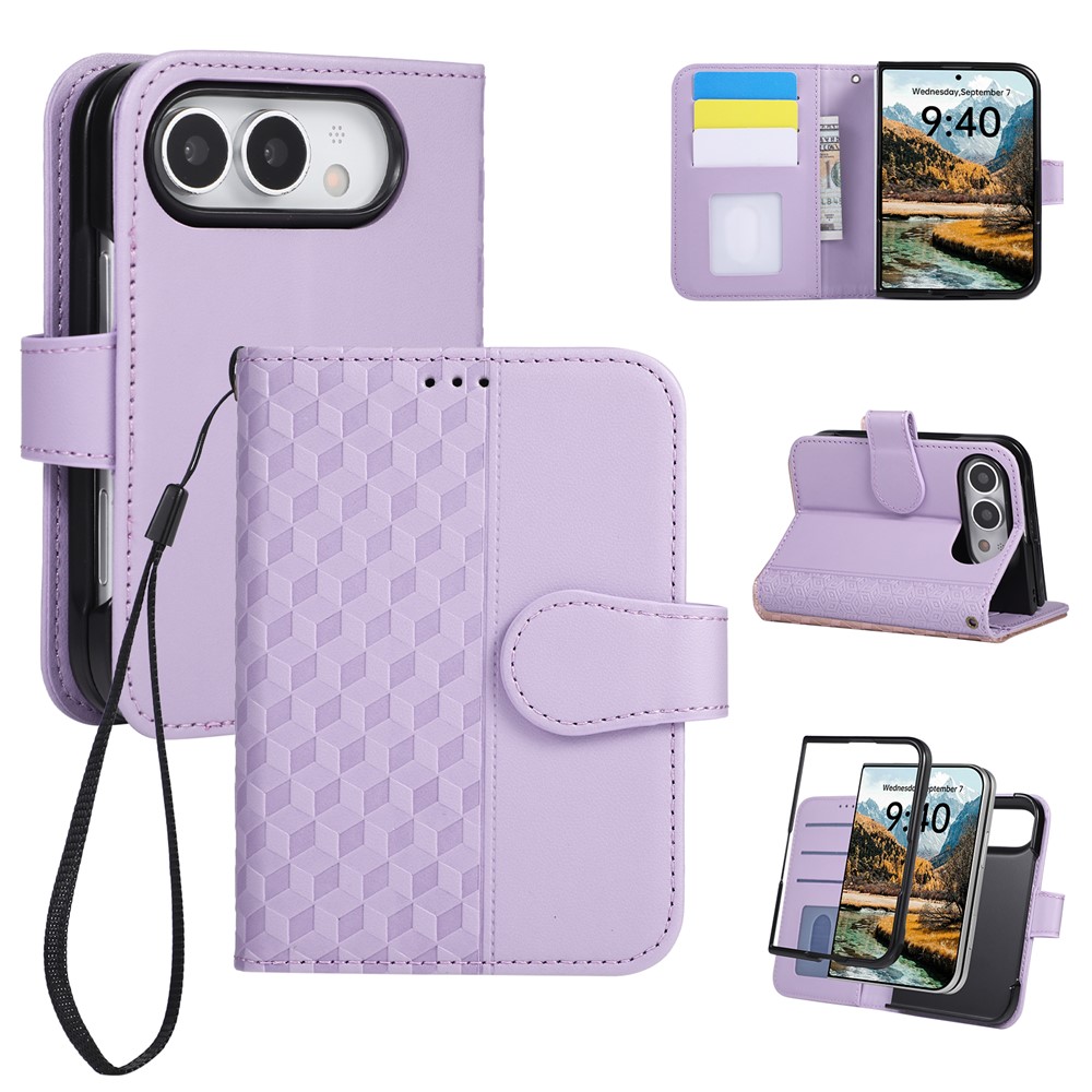 For iPhone Duo Case 3D Rhombus Grid Imprinted Wallet Leather Phone Cover with Wrist Strap - Purple
