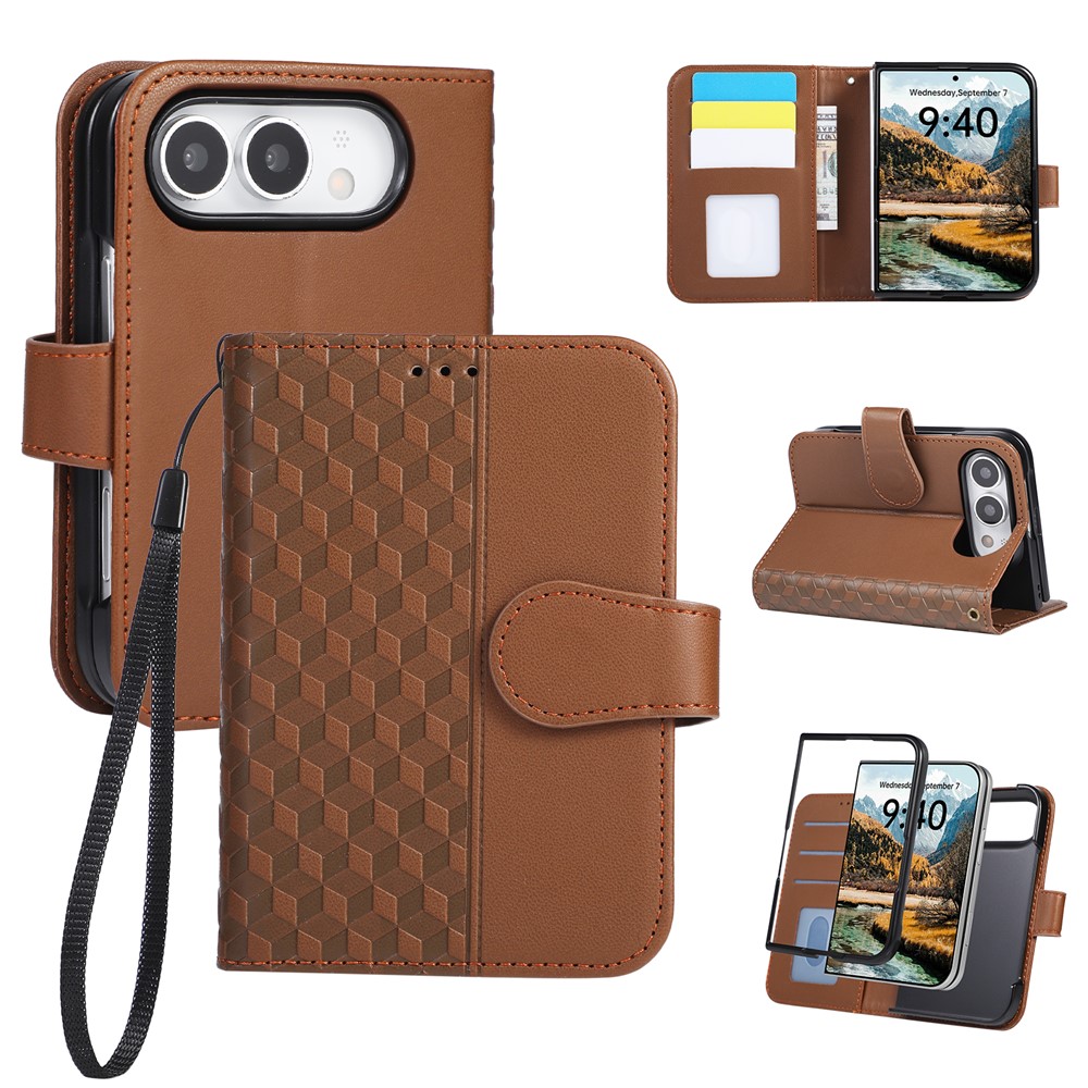 For iPhone Duo Case 3D Rhombus Grid Imprinted Wallet Leather Phone Cover with Wrist Strap - Brown
