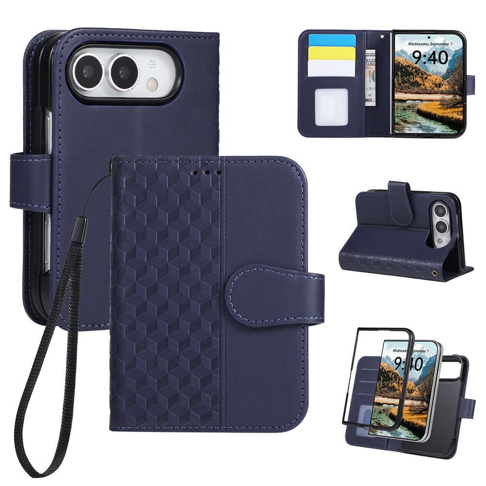 For iPhone Duo Case 3D Rhombus Grid Imprinted Wallet Leather Phone Cover with Wrist Strap - Blue