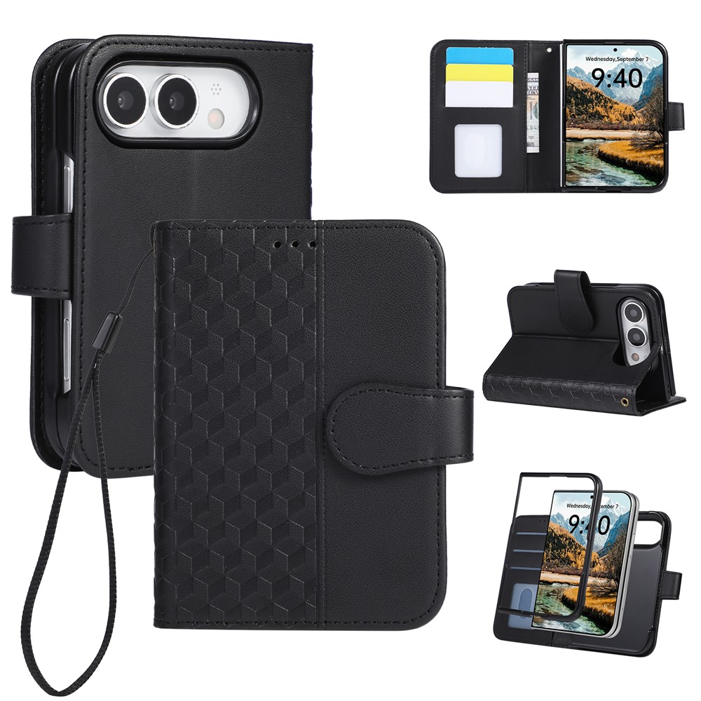 For iPhone Duo Case 3D Rhombus Grid Imprinted Wallet Leather Phone Cover with Wrist Strap - Black