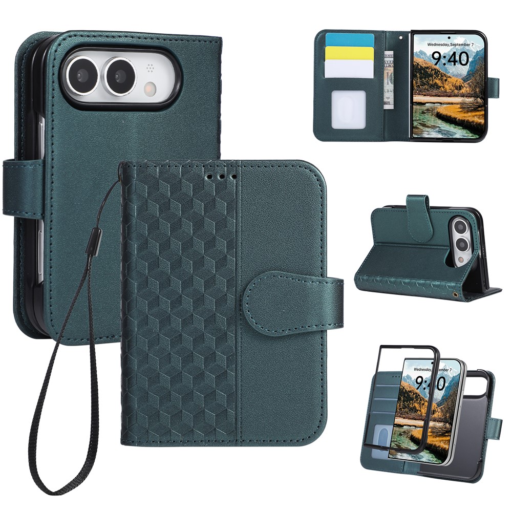 For iPhone Duo Case 3D Rhombus Grid Imprinted Wallet Leather Phone Cover with Wrist Strap - Green