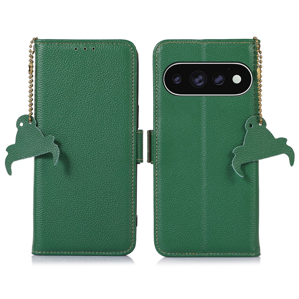 For Google Pixel 11 Pro  /  11 Case RFID Blocking Textured Genuine Cow Leather Phone Cover - Green