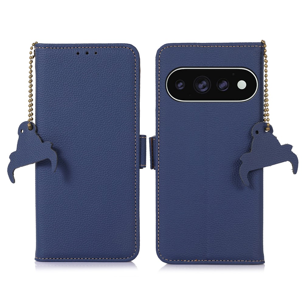 For Google Pixel 11 Pro  /  11 Case RFID Blocking Textured Genuine Cow Leather Phone Cover - Sapphire