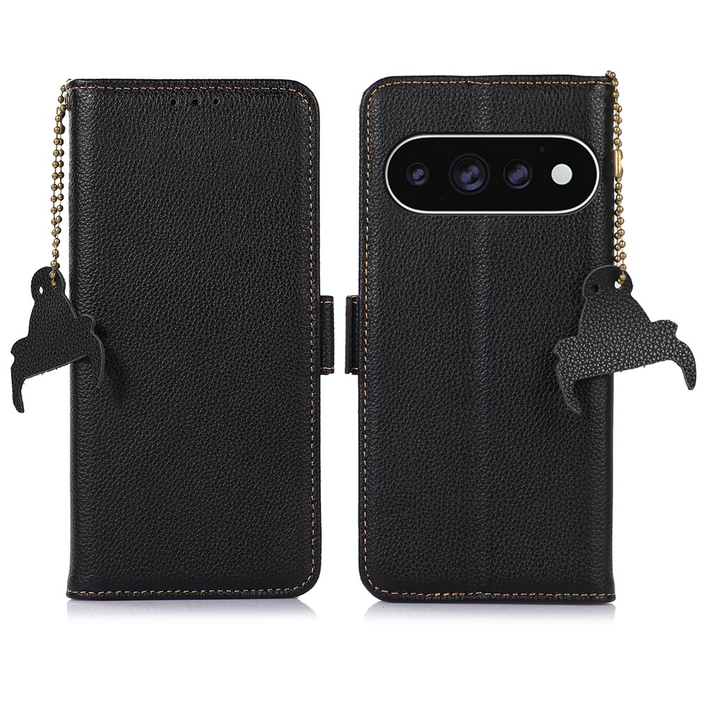 For Google Pixel 11 Pro  /  11 Case RFID Blocking Textured Genuine Cow Leather Phone Cover - Black