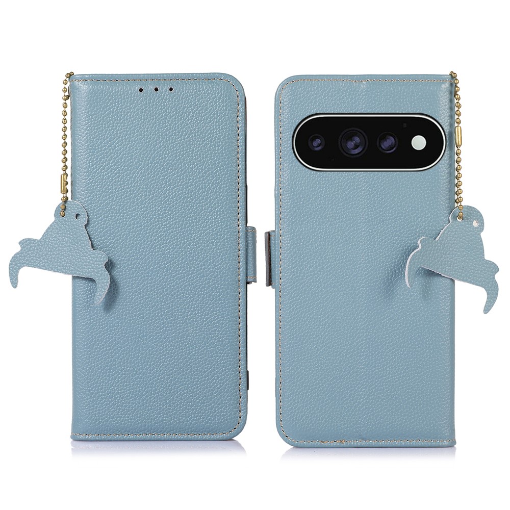 For Google Pixel 11 Pro  /  11 Case RFID Blocking Textured Genuine Cow Leather Phone Cover - Blue