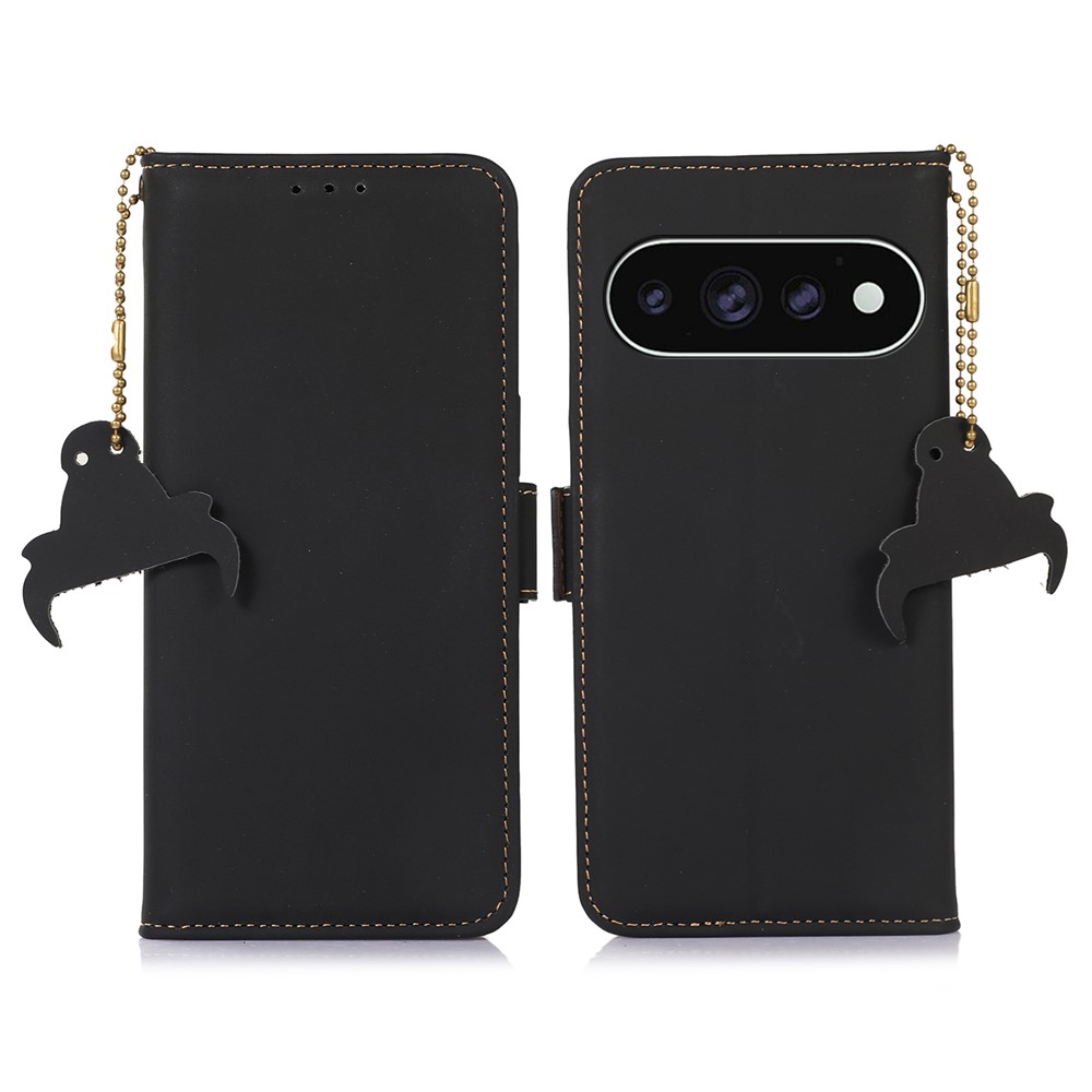 For Google Pixel 11 Pro  /  11 Wallet Case Anti-Drop Genuine Cow Leather Phone Cover RFID Blocking - Black