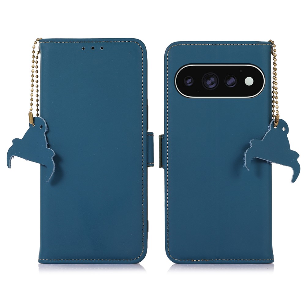 For Google Pixel 11 Pro  /  11 Wallet Case Anti-Drop Genuine Cow Leather Phone Cover RFID Blocking - Blue