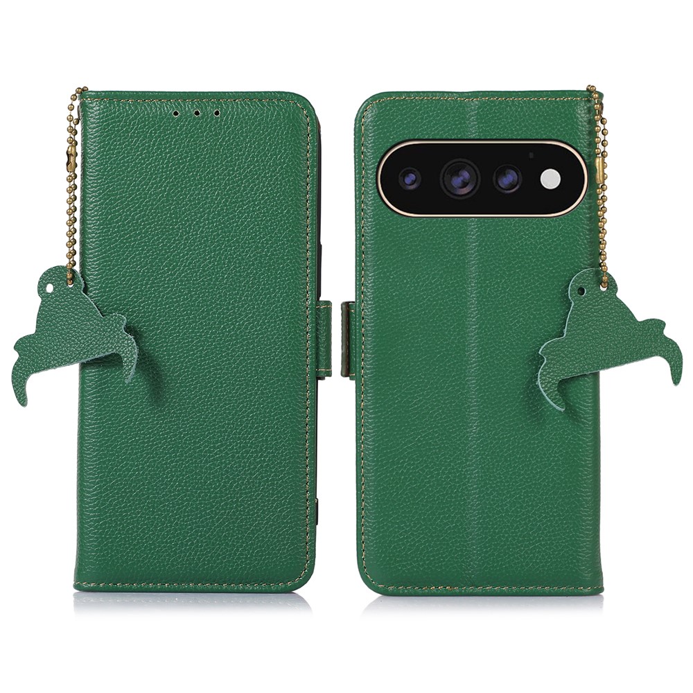For Google Pixel 11 Pro XL Case RFID Blocking Textured Genuine Cow Leather Phone Cover - Green