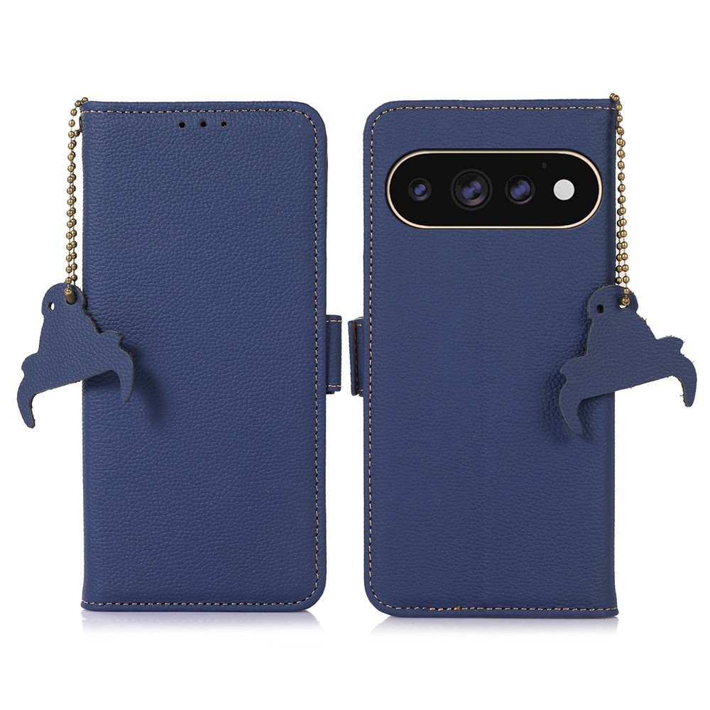 For Google Pixel 11 Pro XL Case RFID Blocking Textured Genuine Cow Leather Phone Cover - Sapphire