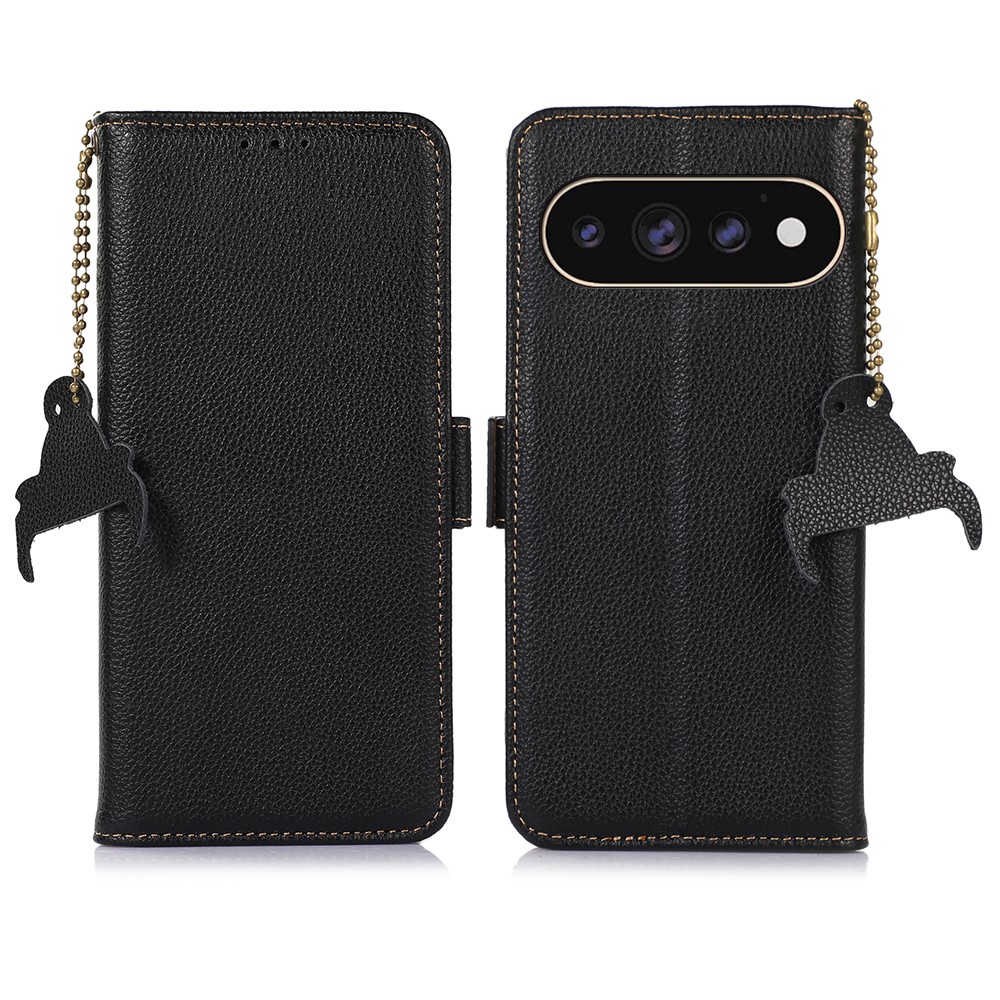 For Google Pixel 11 Pro XL Case RFID Blocking Textured Genuine Cow Leather Phone Cover - Black