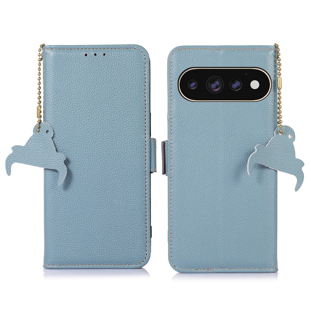 For Google Pixel 11 Pro XL Case RFID Blocking Textured Genuine Cow Leather Phone Cover - Blue