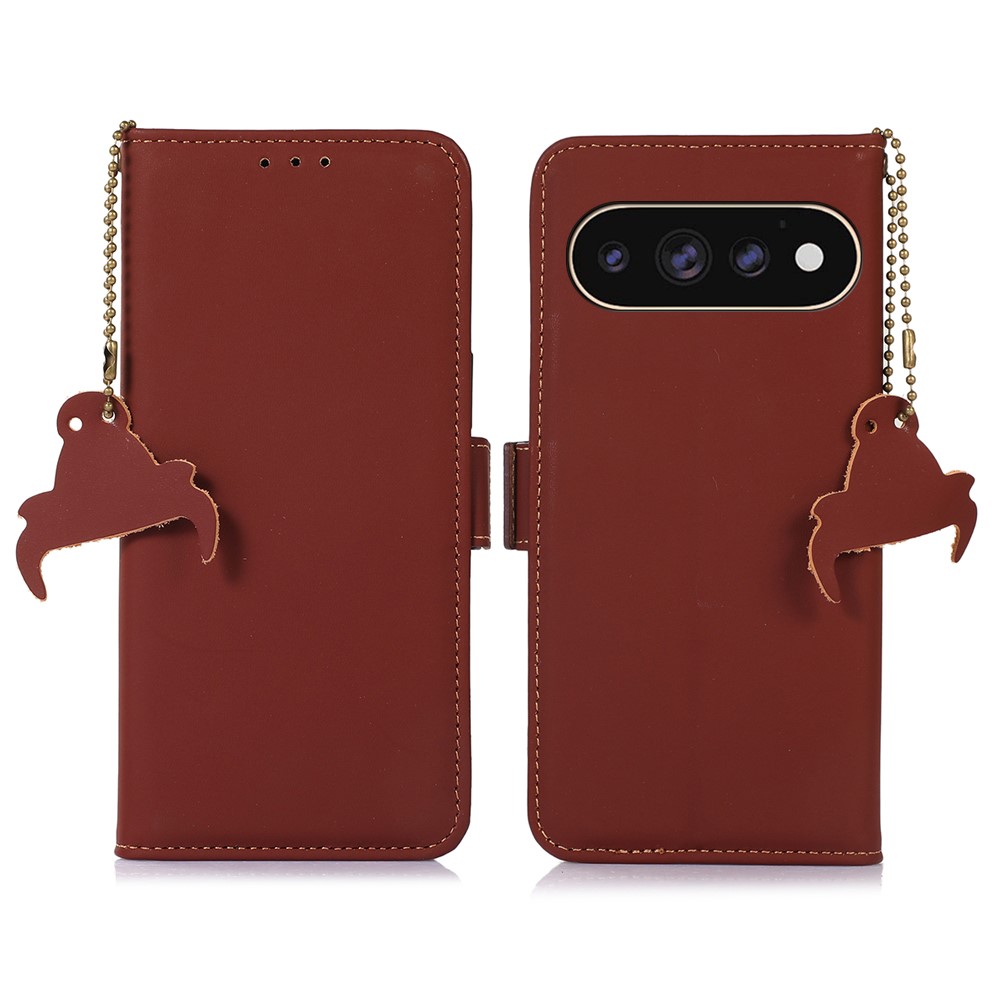 For Google Pixel 11 Pro XL Wallet Case Anti-Drop Genuine Cow Leather Phone Cover RFID Blocking - Coffee