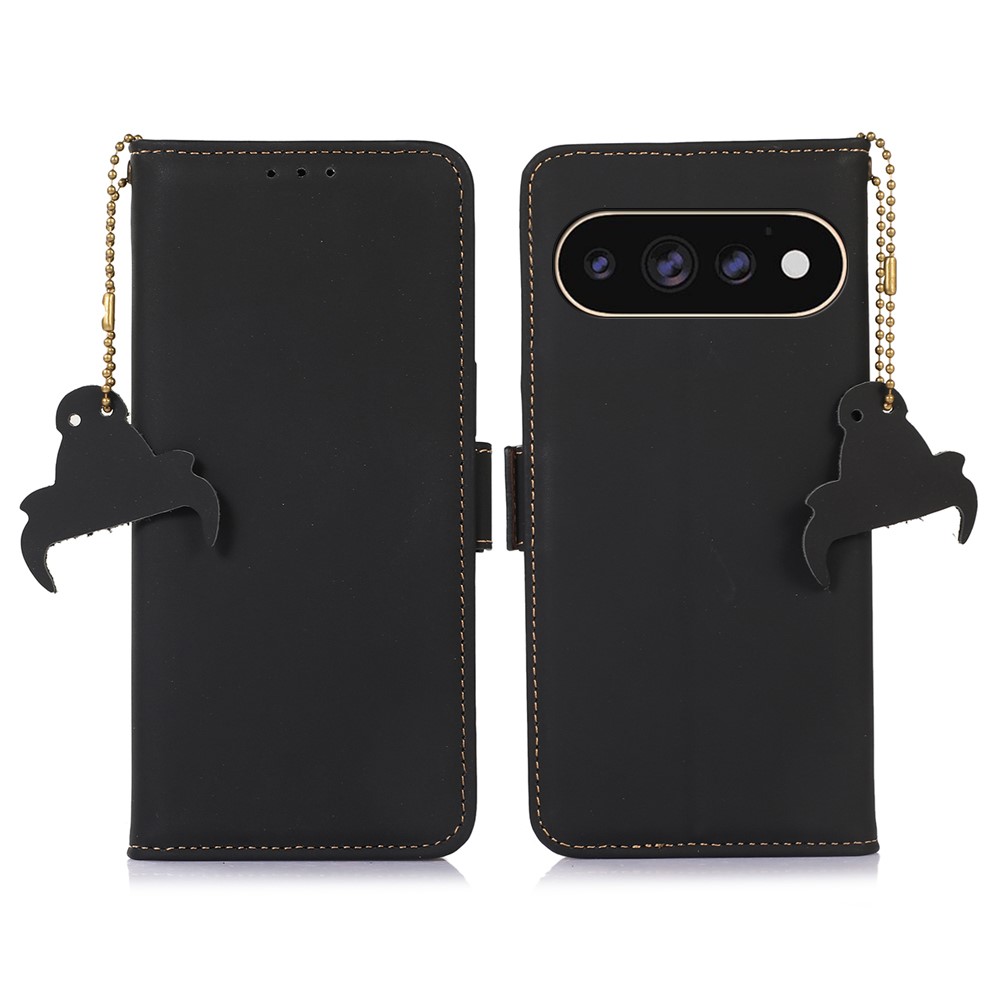 For Google Pixel 11 Pro XL Wallet Case Anti-Drop Genuine Cow Leather Phone Cover RFID Blocking - Black