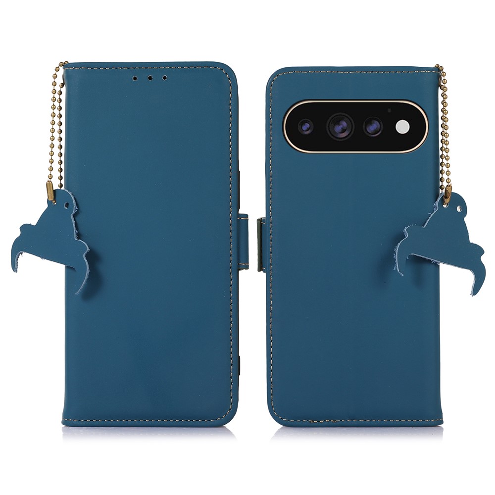 For Google Pixel 11 Pro XL Wallet Case Anti-Drop Genuine Cow Leather Phone Cover RFID Blocking - Blue