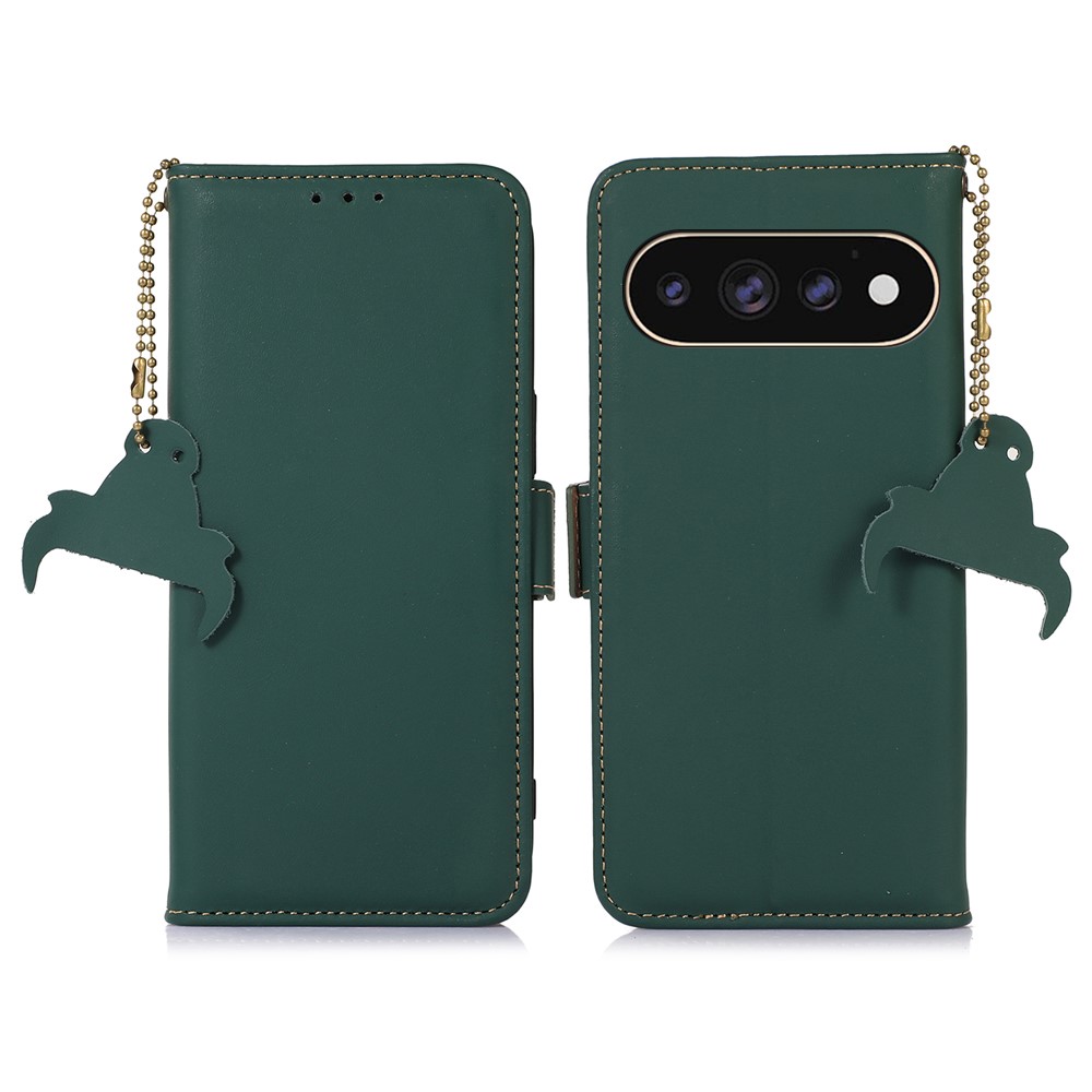 For Google Pixel 11 Pro XL Wallet Case Anti-Drop Genuine Cow Leather Phone Cover RFID Blocking - Green