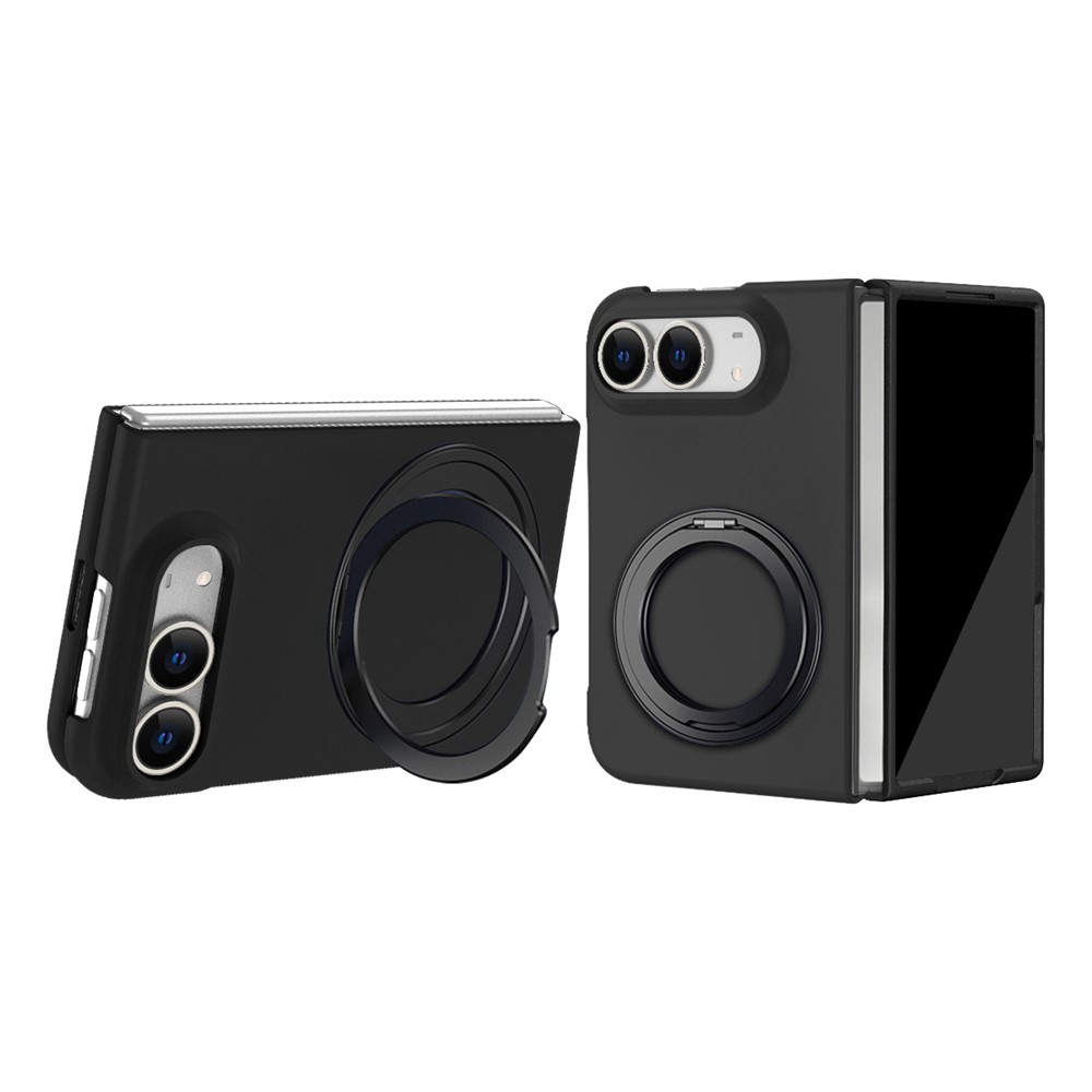 For iPhone Duo Magnetic Case Ring Kickstand Hard PC Cover with Tempered Glass Screen Film - Black