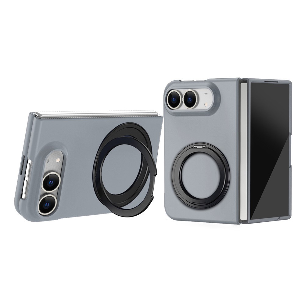 For iPhone Duo Magnetic Case Ring Kickstand Hard PC Cover with Tempered Glass Screen Film - Grey