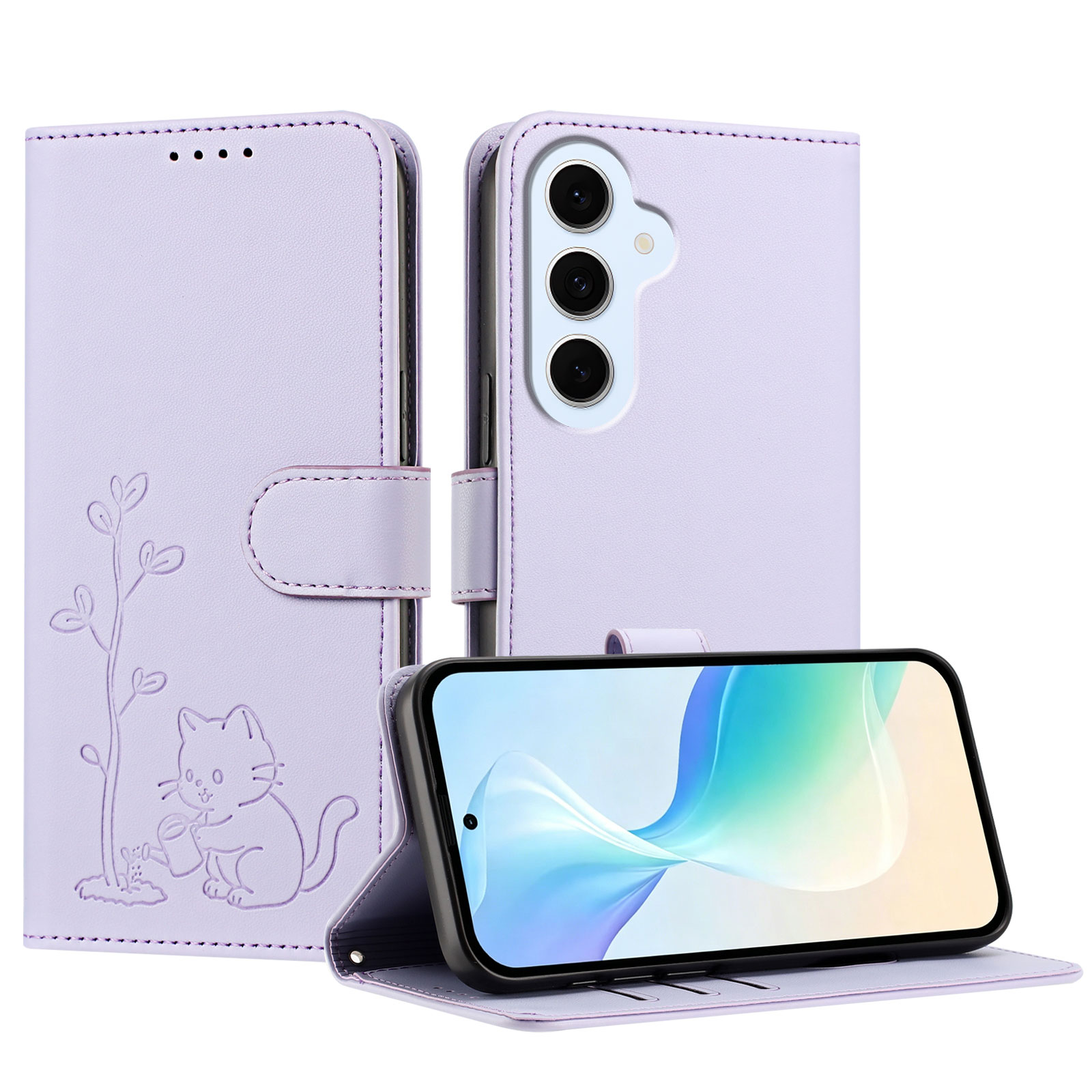 For Samsung Galaxy S25 FE / Galaxy S26 FE Case Cat Watering Plant Pattern PU Leather Wallet Stand Phone Cover - Light Purple