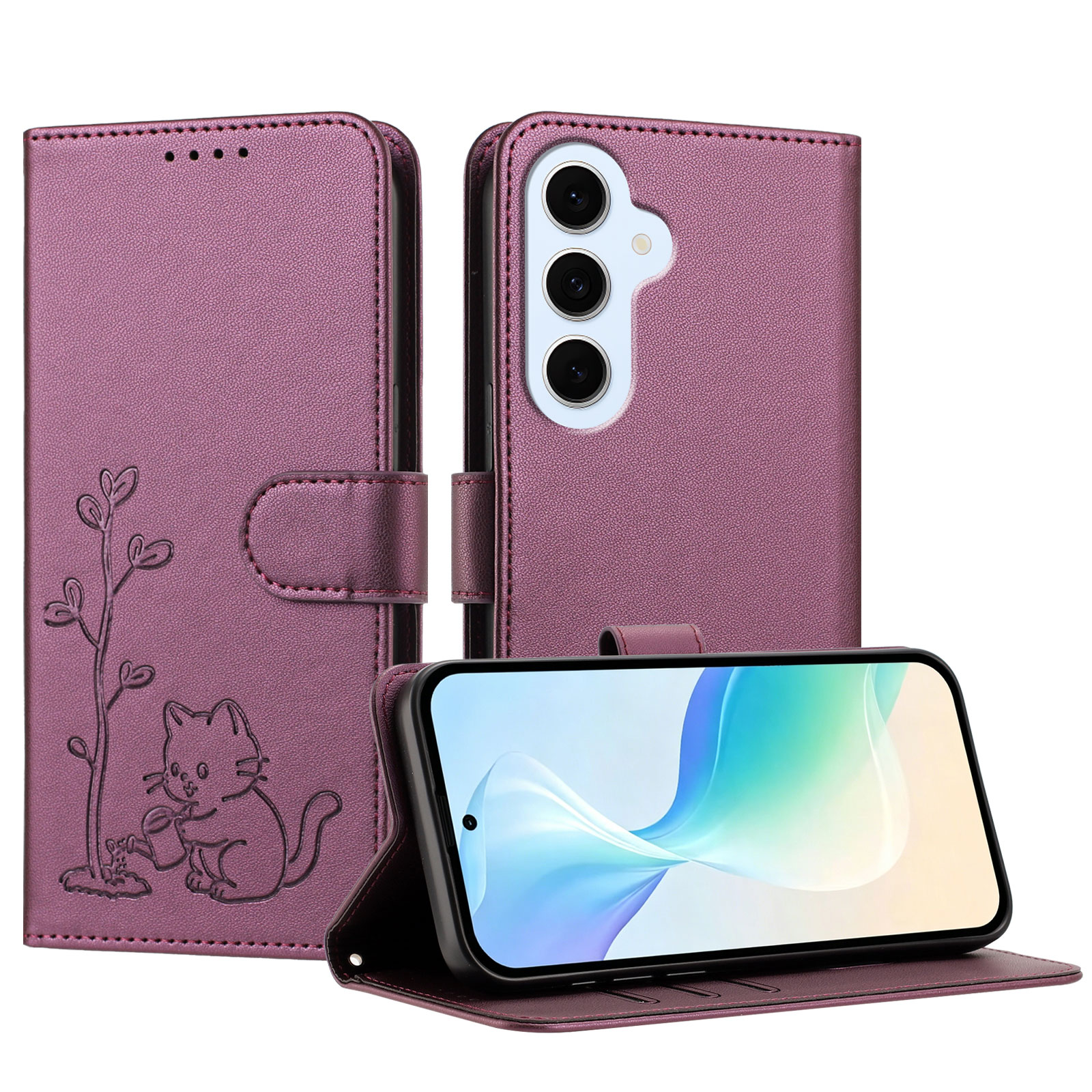 For Samsung Galaxy S25 FE / Galaxy S26 FE Case Cat Watering Plant Pattern PU Leather Wallet Stand Phone Cover - Deep Purple
