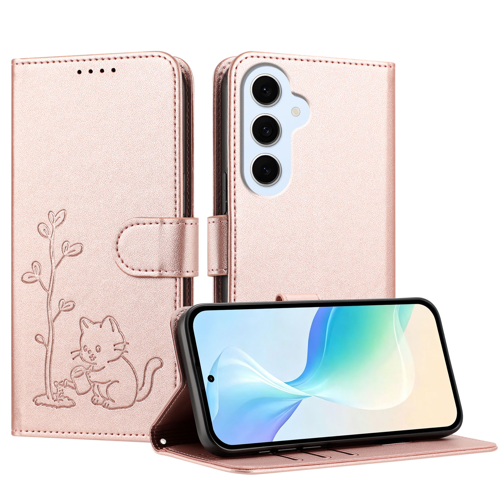 For Samsung Galaxy S25 FE / Galaxy S26 FE Case Cat Watering Plant Pattern PU Leather Wallet Stand Phone Cover - Rose Gold